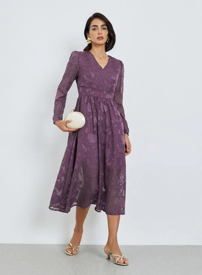 Purple Floral Jacquard A-Line Midi Dress