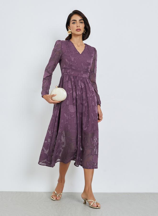 Styli Purple Floral Jacquard A-Line Midi Dress - Image 1