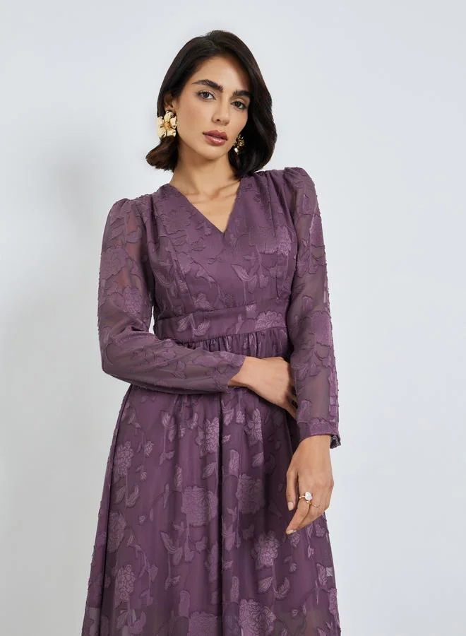 Styli  Purple Floral Jacquard A-Line Midi Dress for Women | Best Price UAE