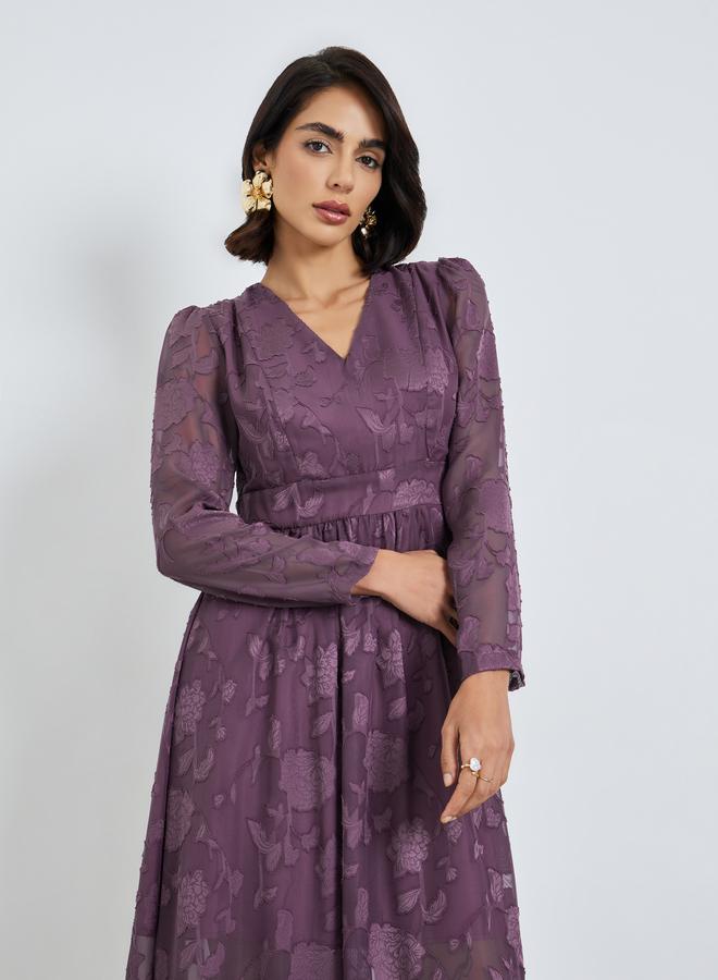 Styli Purple Floral Jacquard A-Line Midi Dress - Image 2