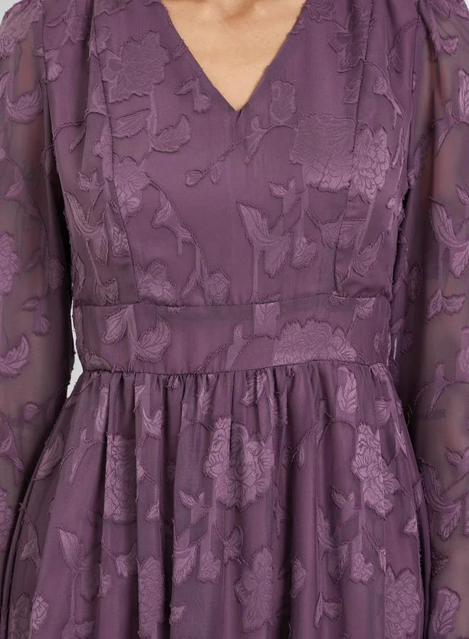 Styli  Purple Floral Jacquard A-Line Midi Dress for Women | Best Price UAE