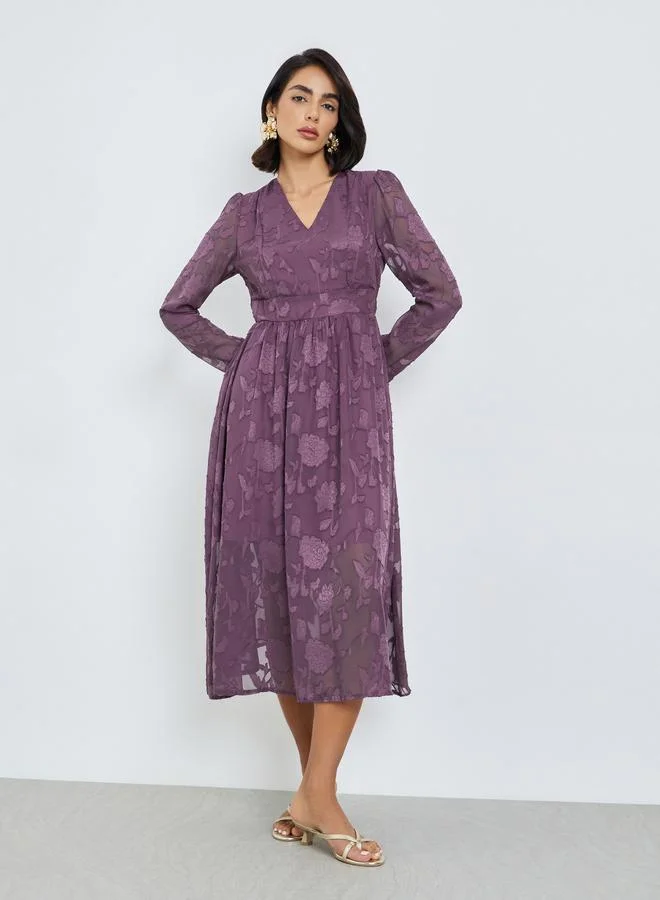 Styli  Purple Floral Jacquard A-Line Midi Dress for Women | Best Price UAE