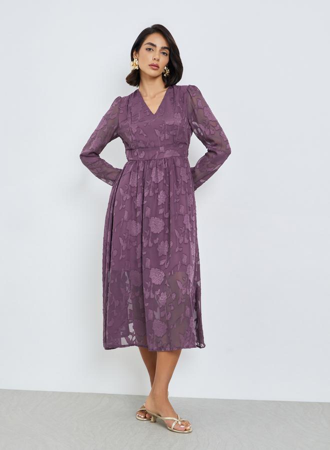 Styli Purple Floral Jacquard A-Line Midi Dress - Image 3