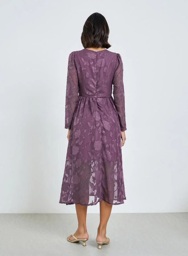 Styli  Purple Floral Jacquard A-Line Midi Dress for Women | Best Price UAE