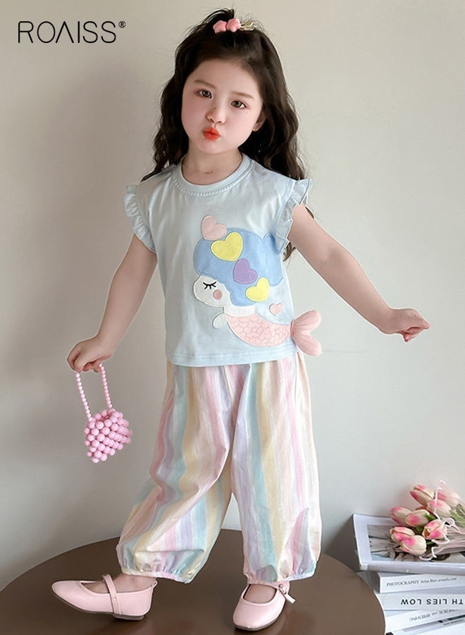 roaiss Girls 2PCS Clothing Set, Ruffle Sleeve Round Neck T shirt and Elastic Waist Pants Set for Girls, Summer Outfit with Mermaid-patterned Top and Multicolor Pants, Suitable for Daily Wear or Any Occasion - Image 1