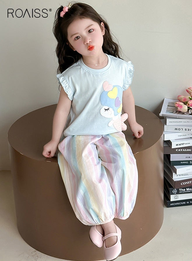 roaiss Girls 2PCS Clothing Set, Ruffle Sleeve Round Neck T shirt and Elastic Waist Pants Set for Girls, Summer Outfit with Mermaid-patterned Top and Multicolor Pants, Suitable for Daily Wear or Any Occasion - Image 2