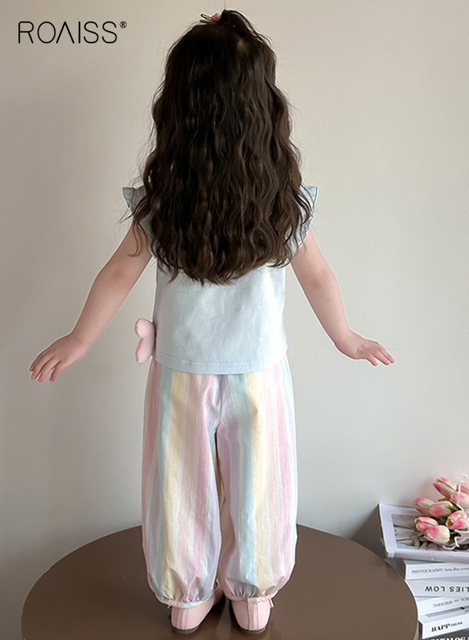 roaiss Girls 2PCS Clothing Set, Ruffle Sleeve Round Neck T shirt and Elastic Waist Pants Set for Girls, Summer Outfit with Mermaid-patterned Top and Multicolor Pants, Suitable for Daily Wear or Any Occasion - Image 4