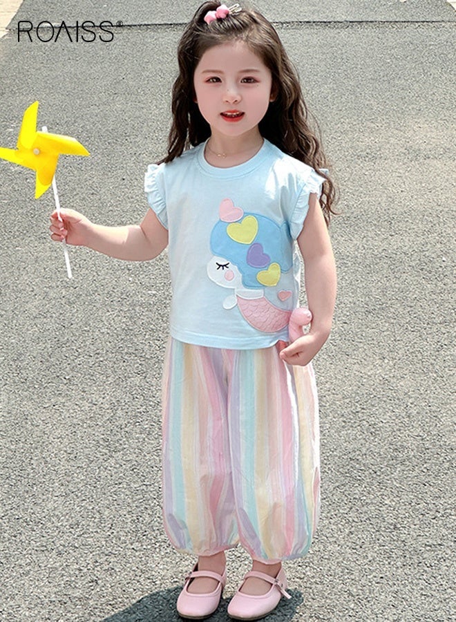 roaiss Girls 2PCS Clothing Set, Ruffle Sleeve Round Neck T shirt and Elastic Waist Pants Set for Girls, Summer Outfit with Mermaid-patterned Top and Multicolor Pants, Suitable for Daily Wear or Any Occasion - Image 3