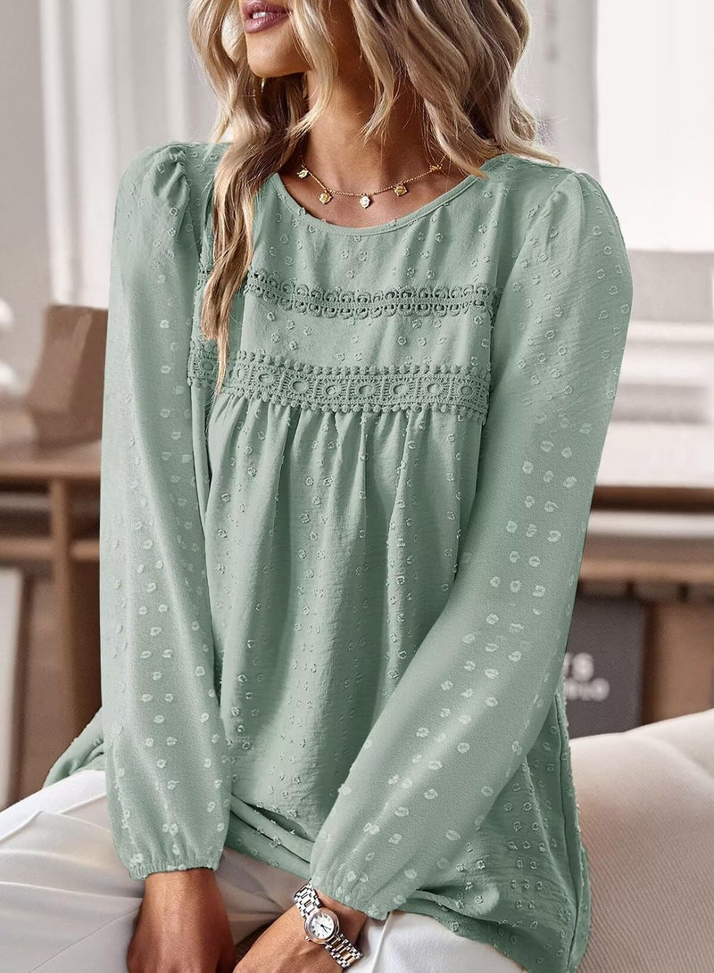 Falechay Womens Plus Size Tops Cute Swiss Dot Flowy Work Blouses for Women Boho Pullover Round Neck Tunic Long Sleeve Fall Sage Green 2XL - Image 2