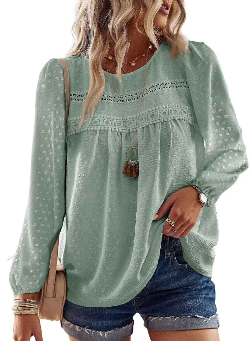 Falechay Womens Plus Size Tops Cute Swiss Dot Flowy Work Blouses for Women Boho Pullover Round Neck Tunic Long Sleeve Fall Sage Green 2XL - Image 1