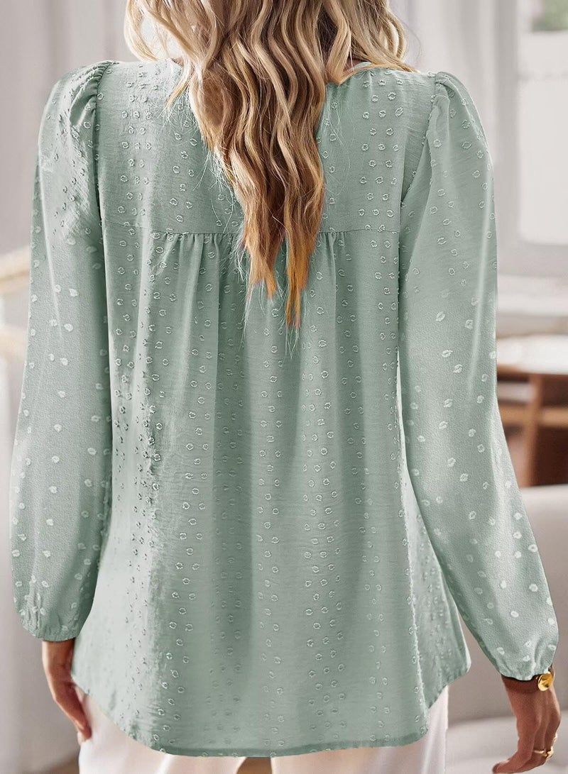 Falechay Womens Plus Size Tops Cute Swiss Dot Flowy Work Blouses for Women Boho Pullover Round Neck Tunic Long Sleeve Fall Sage Green 2XL - Image 3