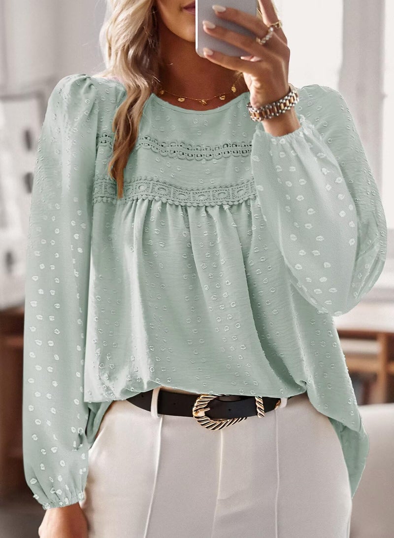 Falechay Womens Plus Size Tops Cute Swiss Dot Flowy Work Blouses for Women Boho Pullover Round Neck Tunic Long Sleeve Fall Sage Green 2XL - Image 4
