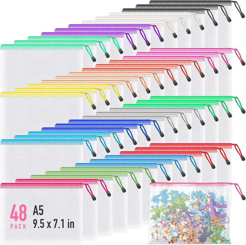 Umriox 48pcs Small Zipper Pouch, Mesh Bags with Zipper, 9.5" x 7.1"/A5 Size 16 Color Pencil Pouches, Storage Bags for Puzzles, Office and Travel Supplies - Image 1