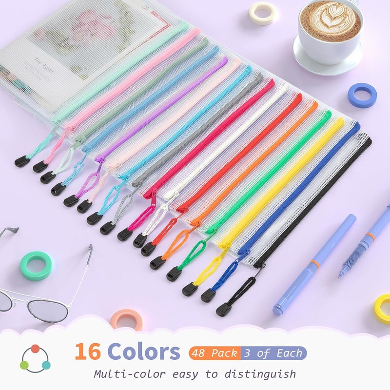 Umriox 48pcs Small Zipper Pouch, Mesh Bags with Zipper, 9.5" x 7.1"/A5 Size 16 Color Pencil Pouches, Storage Bags for Puzzles, Office and Travel Supplies - Image 2