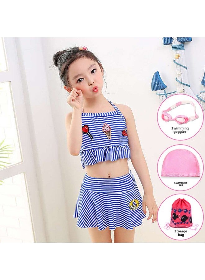 Generic Girls' Swimsuit Women's Split Big Kids Baby Western-style Cute Little Princess Skirt Swimsuit Girls' Children's Swimsuit-Color:1820 Blue Striped Split Swimsuit Swim Bag Four-piece Set-Size:M Size [height 90-105cm]  - Image 1