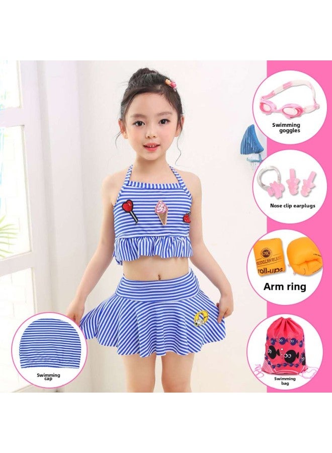 Generic Girls' Swimsuit Women's Split Big Kids Baby Western-style Cute Little Princess Skirt Swimsuit Girls' Children's Swimsuit-Color:1820 Blue Striped Split Swimsuit Swim Bag Four-piece Set-Size:M Size [height 90-105cm]  - Image 2
