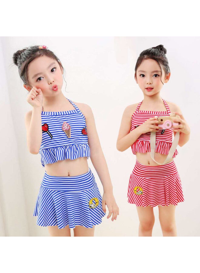 Generic Girls' Swimsuit Women's Split Big Kids Baby Western-style Cute Little Princess Skirt Swimsuit Girls' Children's Swimsuit-Color:1820 Blue Striped Split Swimsuit Swim Bag Four-piece Set-Size:M Size [height 90-105cm]  - Image 3