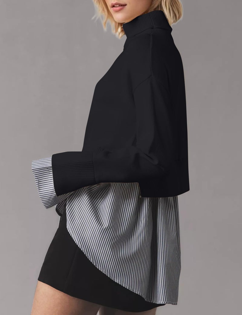MISSACTIVER Women Slit Turtleneck Patchwork Sweater 2 in 1 Buttons Down Pullover Knit Sweater Asymmetrical Hem Shirt Top Black - Image 4