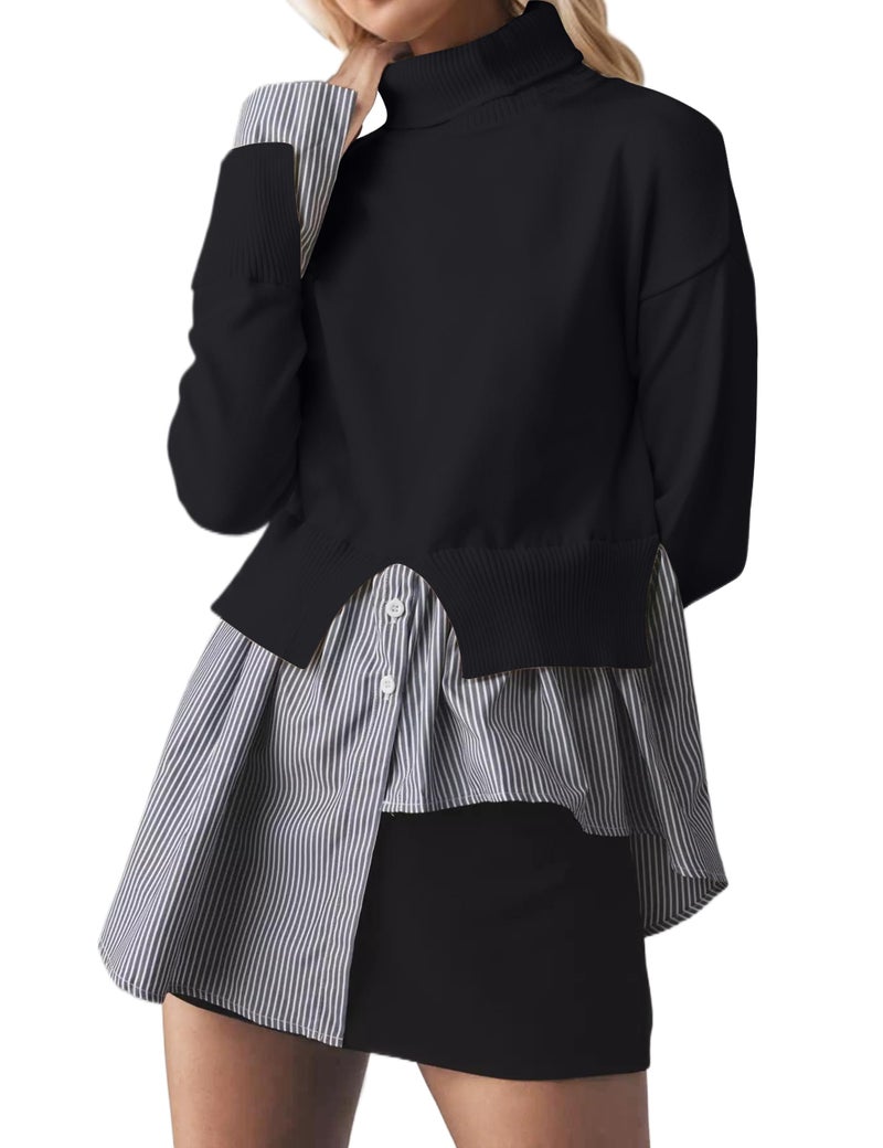 MISSACTIVER Women Slit Turtleneck Patchwork Sweater 2 in 1 Buttons Down Pullover Knit Sweater Asymmetrical Hem Shirt Top Black - Image 1