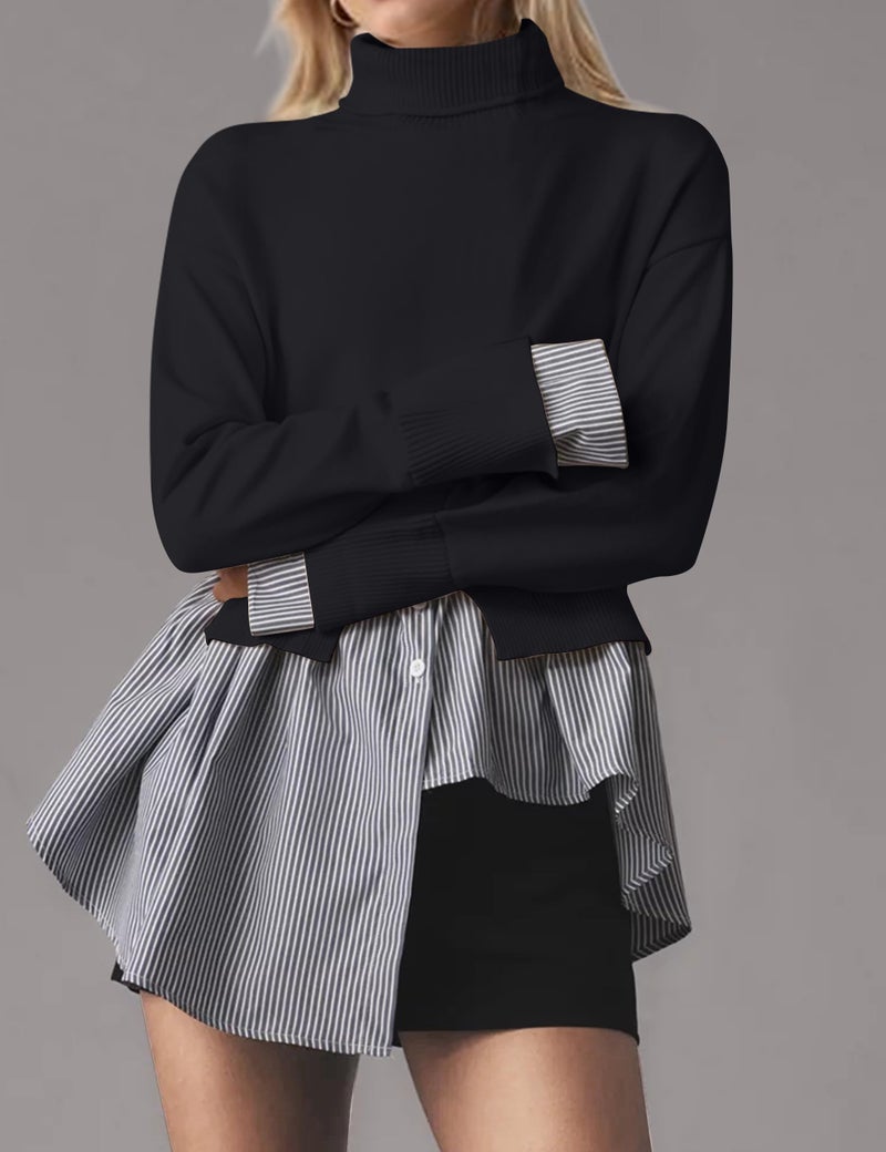 MISSACTIVER Women Slit Turtleneck Patchwork Sweater 2 in 1 Buttons Down Pullover Knit Sweater Asymmetrical Hem Shirt Top Black - Image 3