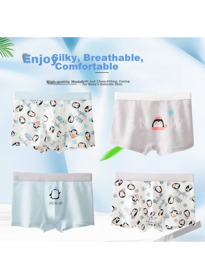LANG SHA Langsha Children's Underwear, Boys' Boxer Briefs, Antibacterial Modal, For Older Children, Class A, Boys' Shorts, Penguin Pattern, 4 Pairs, Size 110 - Image 2