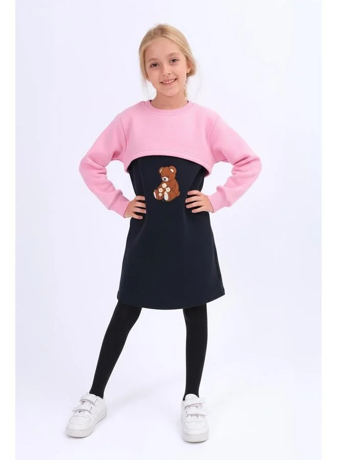 Perendi Girl's Teddy Bear Embroidered Dress and Crop Sweatshirt – Pink.