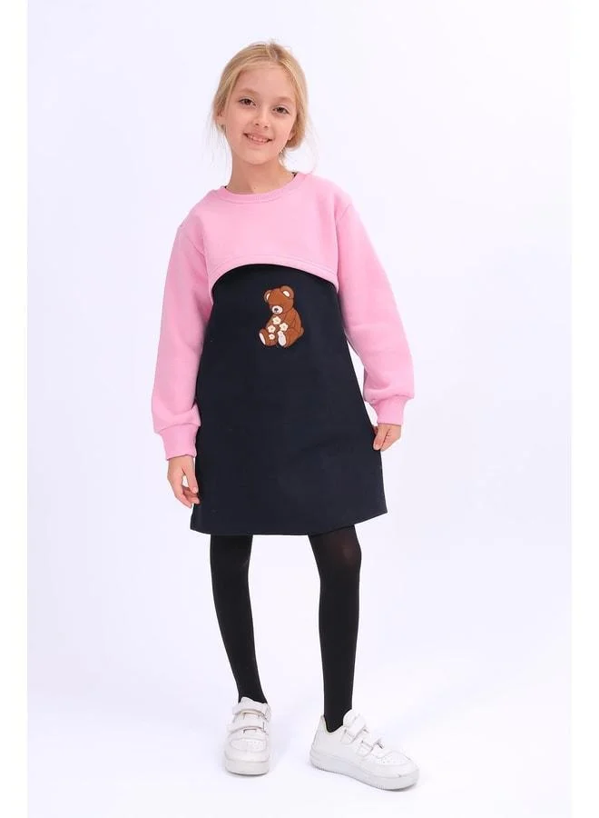 Perendi Girl's Teddy Bear Embroidered Dress and Crop Sweatshirt – Pink.