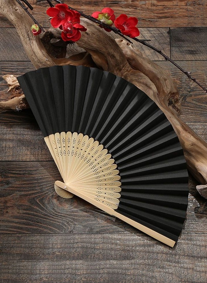 Folding Hand Fan, Black Paper with Bamboo Frame, 21 x 38 cm, Traditional Asian Style  - Image 1