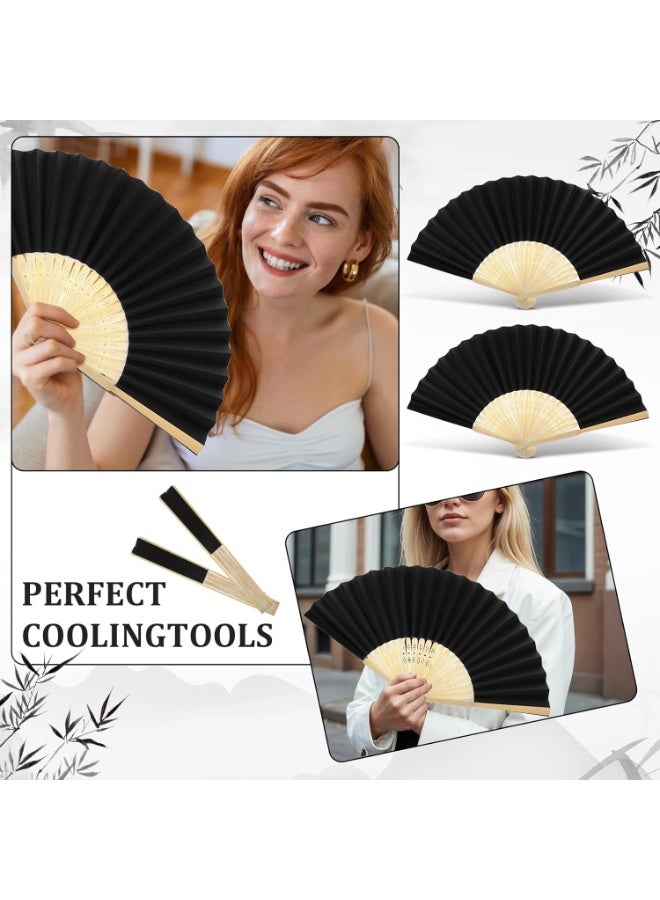 Folding Hand Fan, Black Paper with Bamboo Frame, 21 x 38 cm, Traditional Asian Style  - Image 2