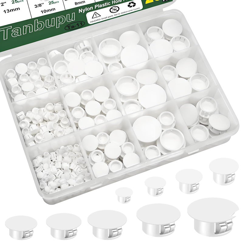 Tanbupu 200Pcs 9 Sizes Nylon Plastic Hole Plugs 1/5" 1/4" 5/16" 3/8" 1/2" 5/8" 3/4" 7/8" 1"Round Hole, Flush Type Panel Knockout Locking Plugs,Screw Covers for Furniture Cabinet Insert End Caps(white) - Image 1