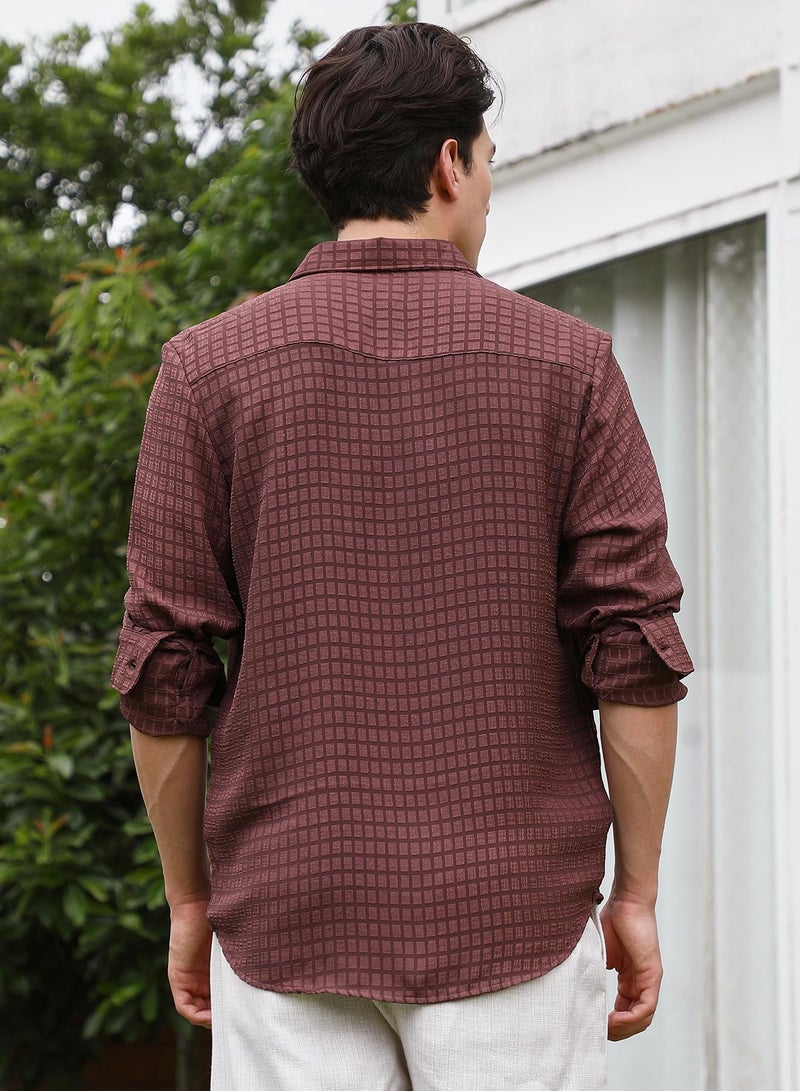 Campus Sutra Burgundy Checkered Tailored Fit Full Sleeve Shirt  - Image 5