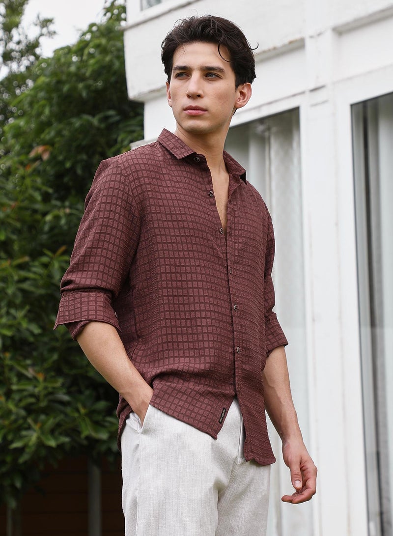 Campus Sutra Burgundy Checkered Tailored Fit Full Sleeve Shirt  - Image 3