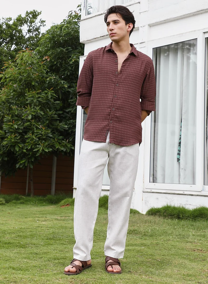 Campus Sutra Burgundy Checkered Tailored Fit Full Sleeve Shirt