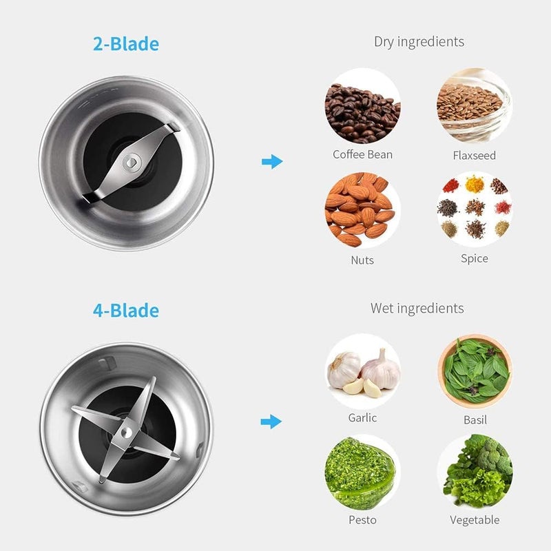 SHARDOR مطحنة قهوة كهربائية، توابل، أعشاب، مطحنة لحبوب القهوة والتوابل والبذور مع 2 وعاء من الفولاذ المقاوم للصدأ قابل للإزالة، أسود - Image 3