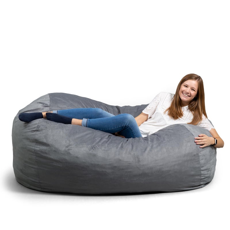 Big Joe Fuf XL Foam Filled Bean Bag Chair with Removable Cover Gray Plush Soft Polyester 5 feet Giant