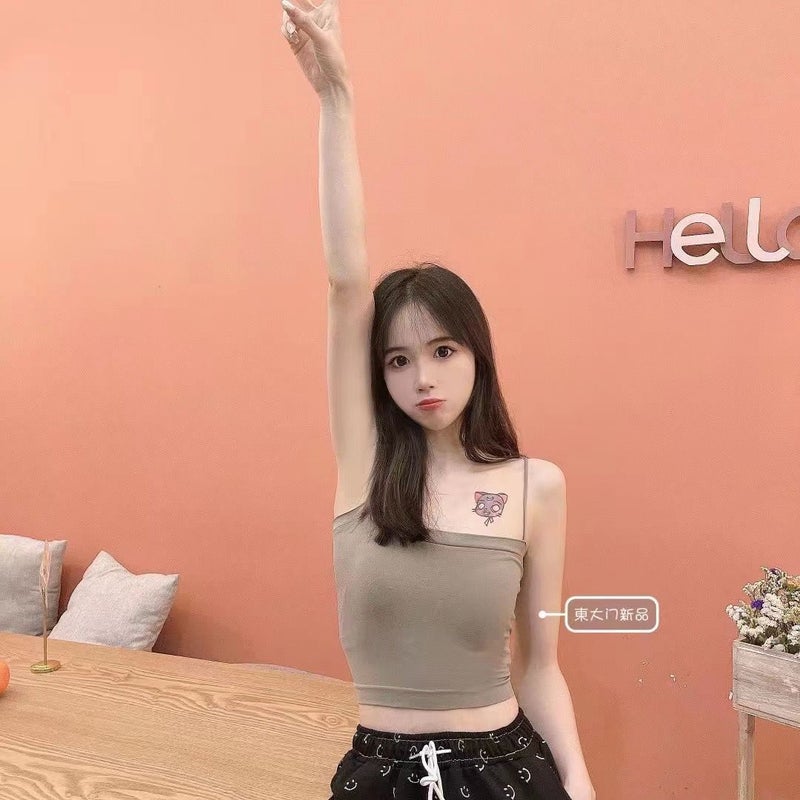 Ice Silk Seamless Oil Painting Girl Strapless Hot Girl Latex Tape Chest Pad Fixed Cup Wrap Chest Tube Top Vest Women Summer Khaki  - Image 1