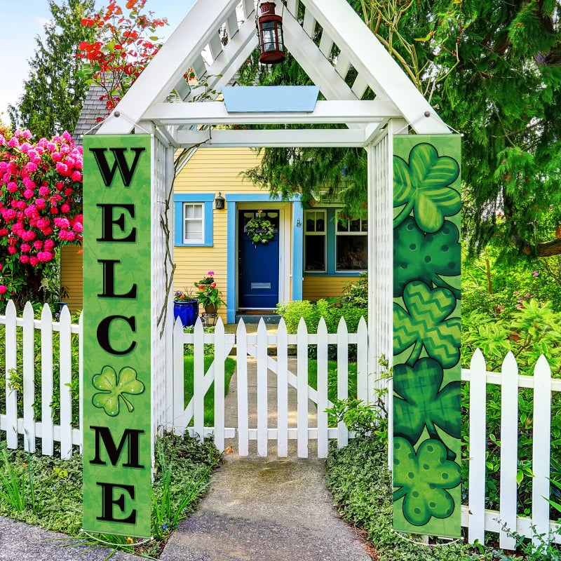 Tiamon 2 Pcs St Patrick's Day Door Banner Decoration:patricks Front Porch Door Cover Green Shamrock Welcome Sign Backdrop for Saint Patrick's Irish Party Home Class Office Wall Decor - Image 4