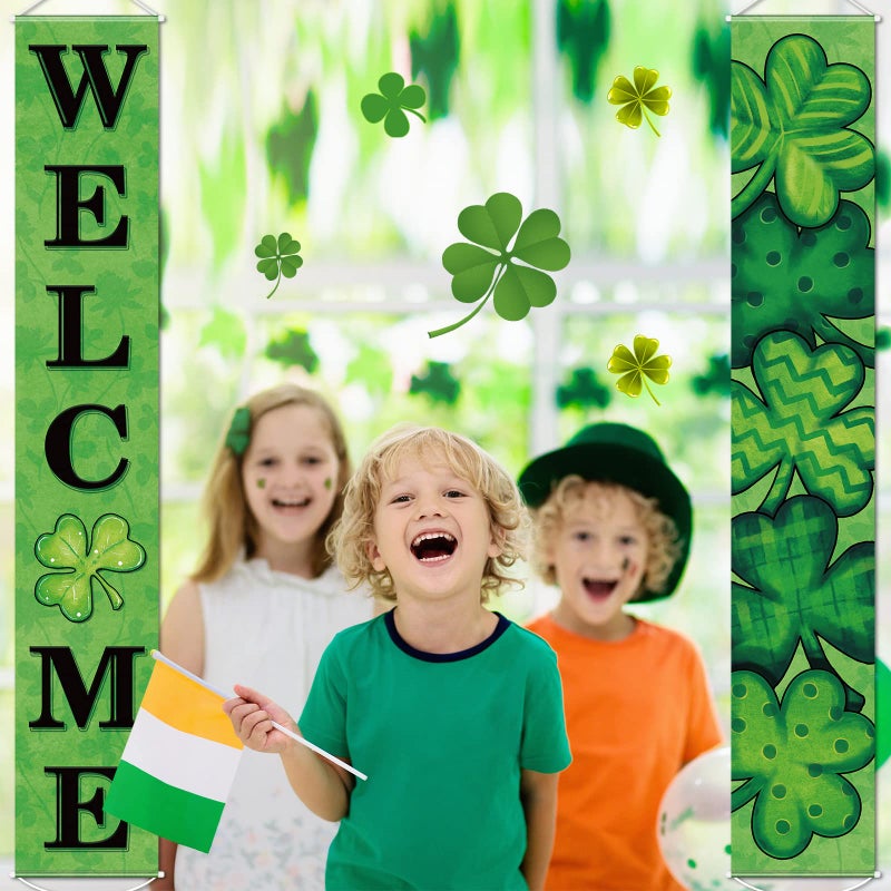Tiamon 2 Pcs St Patrick's Day Door Banner Decoration:patricks Front Porch Door Cover Green Shamrock Welcome Sign Backdrop for Saint Patrick's Irish Party Home Class Office Wall Decor - Image 5