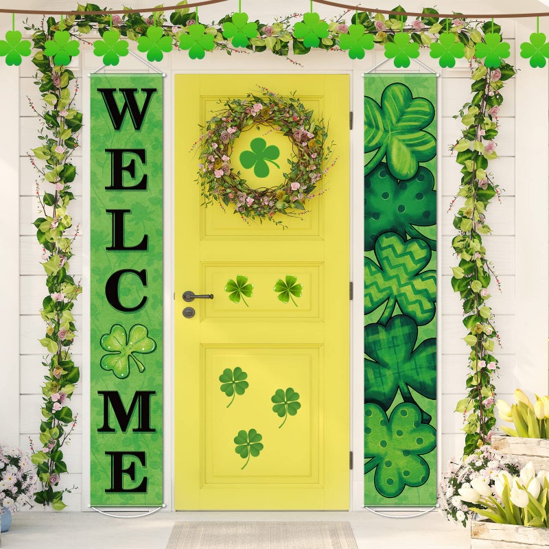 Tiamon 2 Pcs St Patrick's Day Door Banner Decoration:patricks Front Porch Door Cover Green Shamrock Welcome Sign Backdrop for Saint Patrick's Irish Party Home Class Office Wall Decor - Image 1
