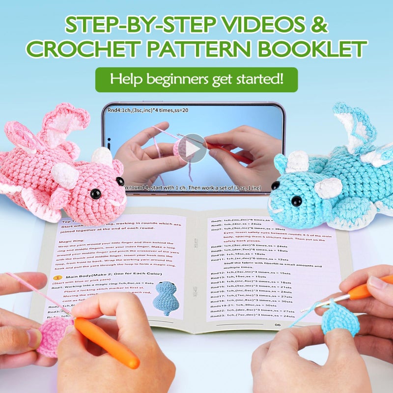 Crochetta Crochet Kit for Beginners, Beginner Crochet Kit for Adults with Step-by-Step Video Tutorials, DIY Crochet Animal Kits Knitting Supplies, 2 Pack Dragon (40%+ Yarn) - Image 2