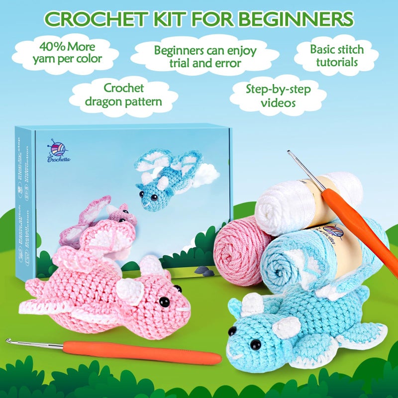 Crochetta Crochet Kit for Beginners, Beginner Crochet Kit for Adults with Step-by-Step Video Tutorials, DIY Crochet Animal Kits Knitting Supplies, 2 Pack Dragon (40%+ Yarn) - Image 4