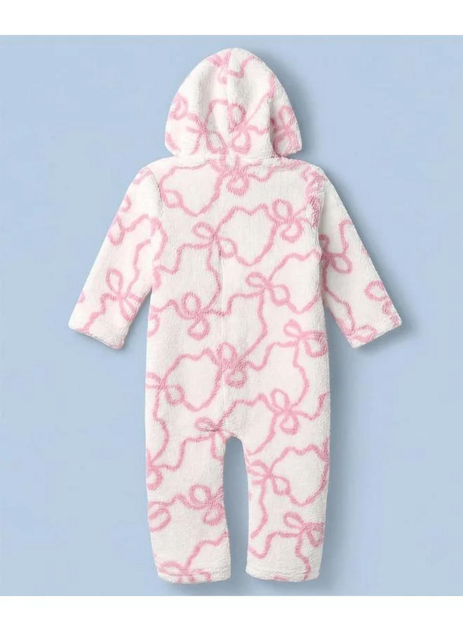 Babyhug Babyhug Fur Woven Full Sleeves Hooded Winter Wear Romper with Bow Design - Pink