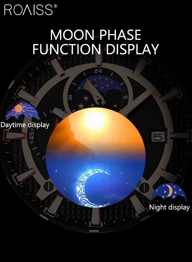 رويس ساعة كوارتز بسوار سيليكون للرجال، ساعة كرونوغراف بقرص دائري مع وظيفة مرحلة القمر، ساعة كاجوال مقاومة للماء كهدية للرجال - Image 5