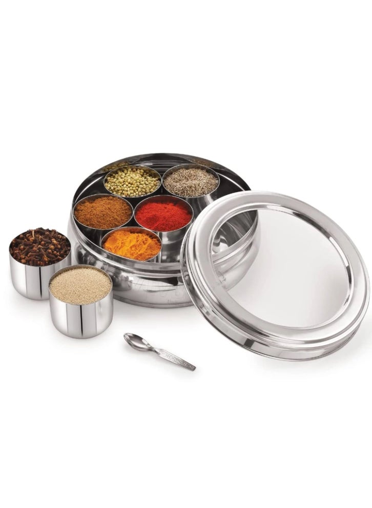 Ayda Spice Box  Curved Bottom Container With 7 Compartments, Stainless Steel Masala Box with Transparent Lid 16.5 cm - Image 1