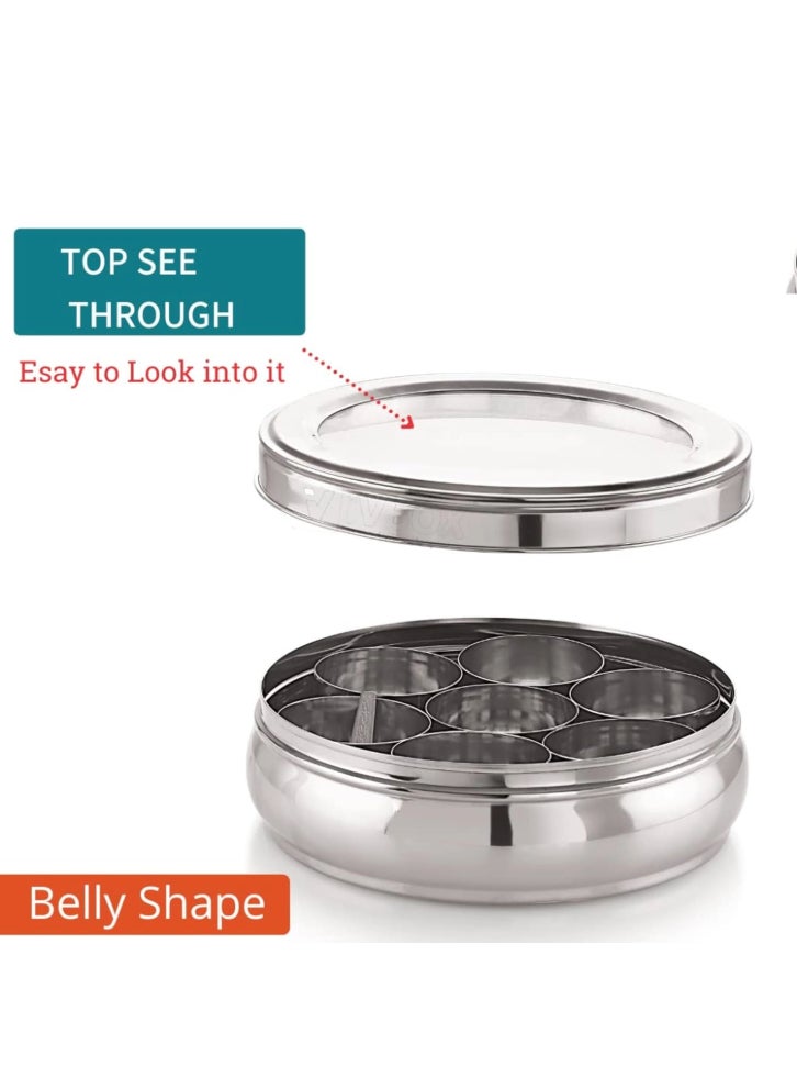 Ayda Spice Box  Curved Bottom Container With 7 Compartments, Stainless Steel Masala Box with Transparent Lid 16.5 cm - Image 3