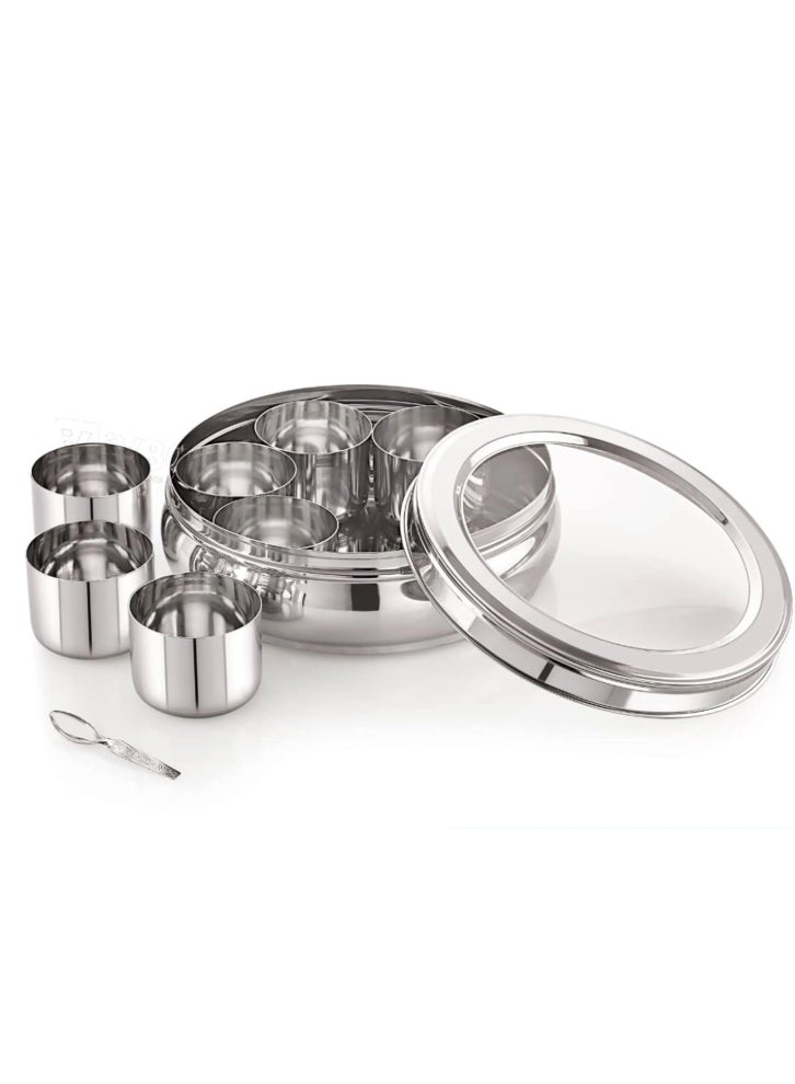 Ayda Spice Box  Curved Bottom Container With 7 Compartments, Stainless Steel Masala Box with Transparent Lid 16.5 cm - Image 4
