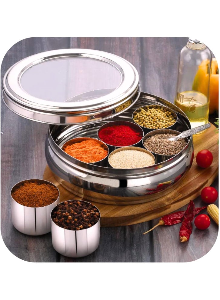 Ayda Spice Box  Curved Bottom Container With 7 Compartments, Stainless Steel Masala Box with Transparent Lid 16.5 cm - Image 2
