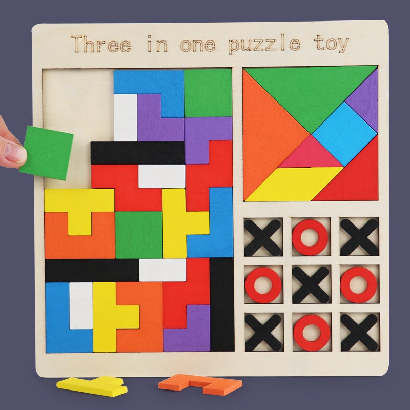 Children'S Wooden Tetris Jigsaw Puzzle Game Chess Three-In-One Puzzle Puzzle Building Blocks Early Education Educational Toys - Image 2