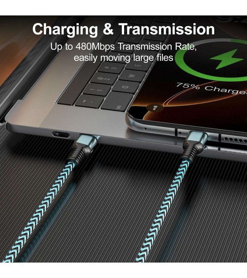 60W Type C To Type C Super Fast Charge Data Cable Durable Pattern Nylon Circular Cable Length 100cm Purple Black Charging And Data Transmission Compatible Smartphones - Image 5