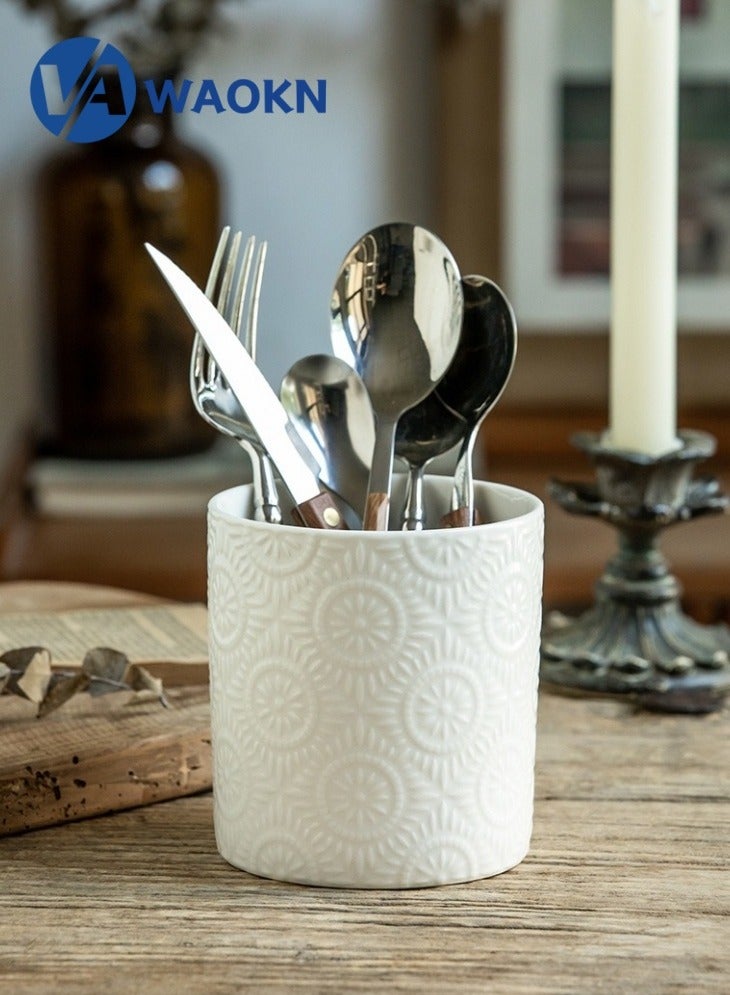 WAOKN Utensil Holder vase 10.6cm Kitchen Utensil Holder for Kitchen Counter Ceramic Kitchen Utensil Holder for Countertop Stable Bright White Kitchen Decor  - Image 1